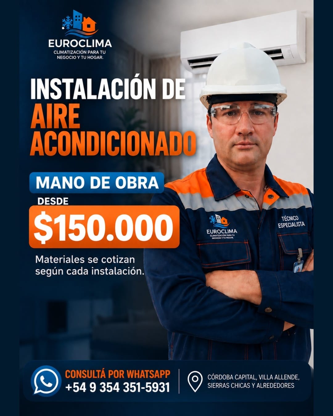 Instalación de aire acondicionado EuroClima: mano de obra desde $150.000; materiales cotizados según cada instalación