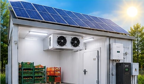 Cámara frigorífica alimentada por paneles solares, con apoyo de la red eléctrica