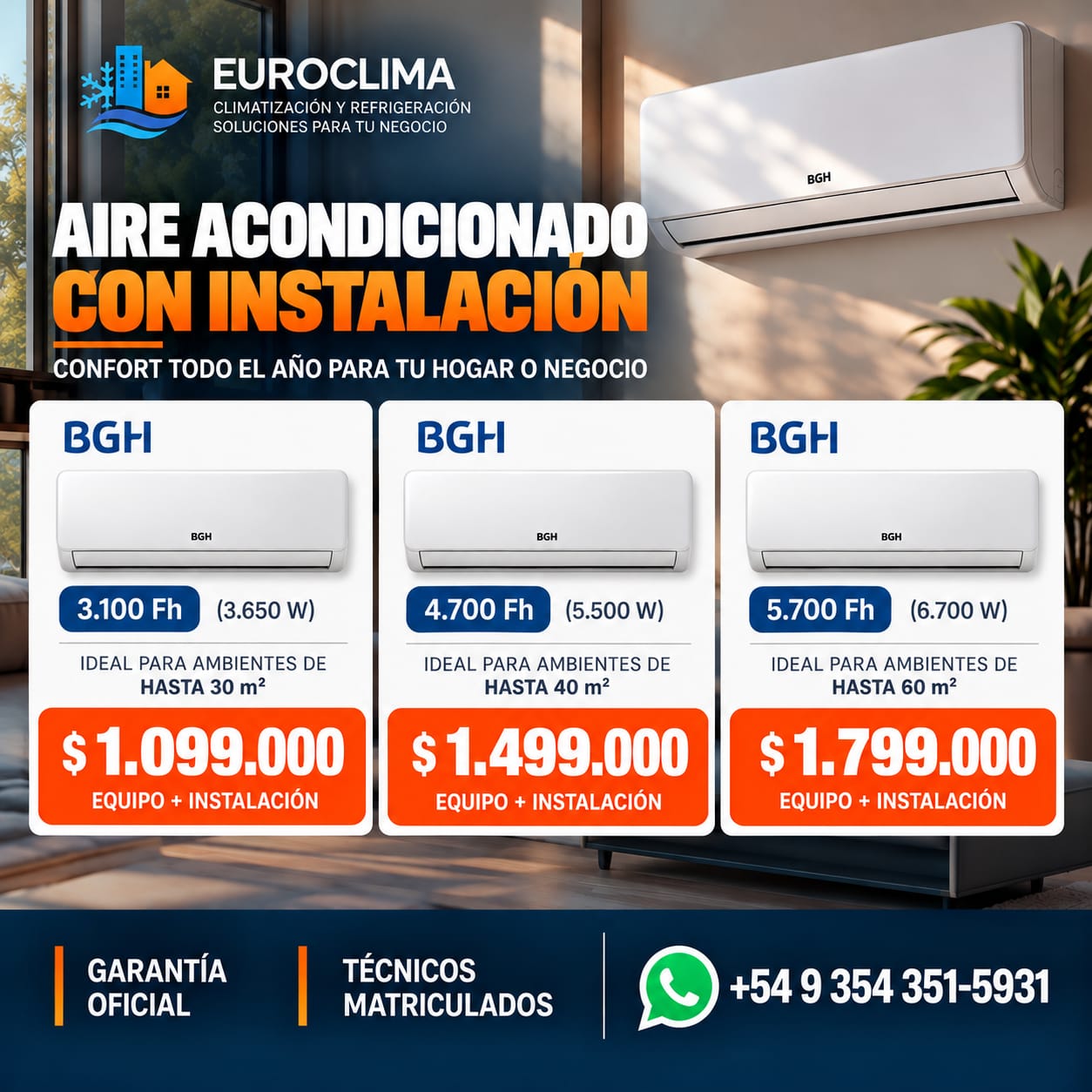 Promoción EuroClima: equipos BGH con instalación, de 3.100, 4.700 y 5.700 frigorías, desde $1.099.000